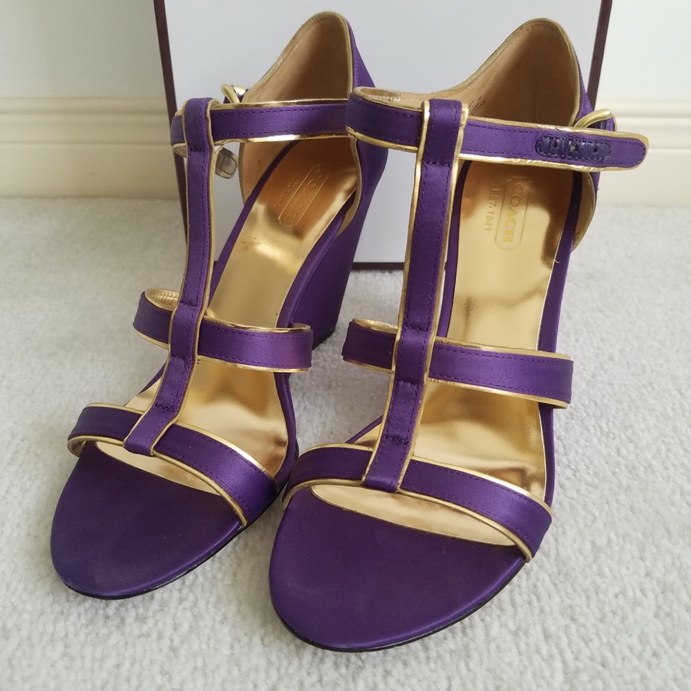 Ladies Coach Satin Purple and Gold Trixy Wedge Sandals 7